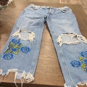 We The Free Light Blue Cropped Ripped Jeans with Blue Rose Embroidery